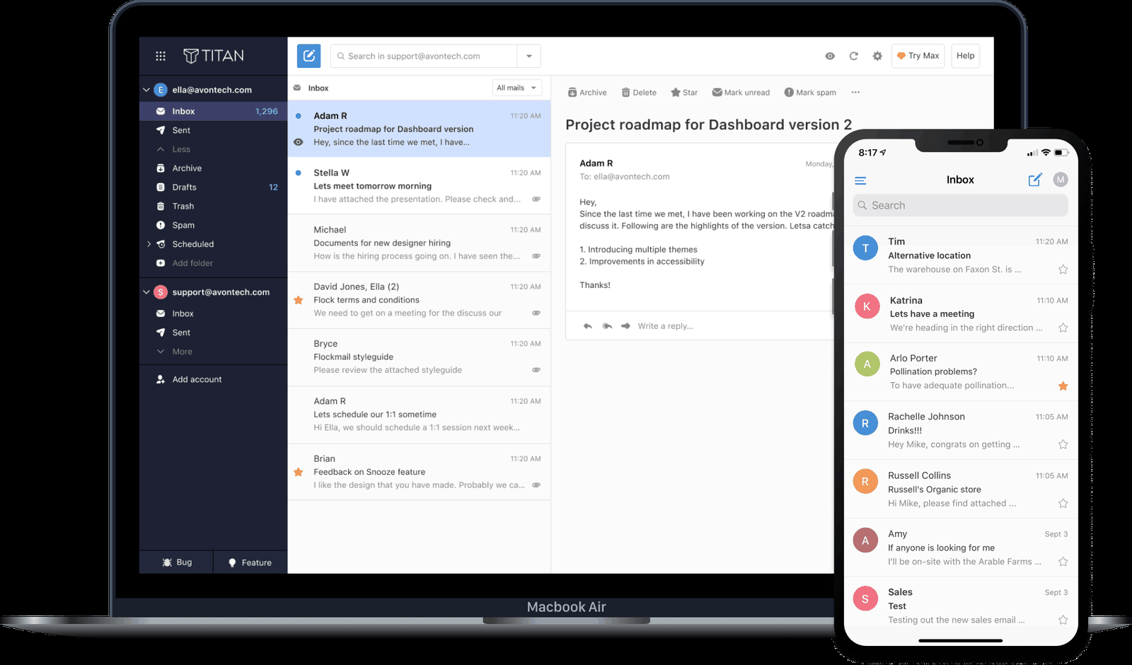 Titan webmail open on a laptop showing an inbox, with the same inbox on a phone beside it.